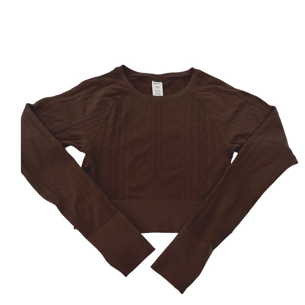 JoyLab Brown Seamless Cable Knit Long Sleeve Crop Top Workout Shirt Womens Large